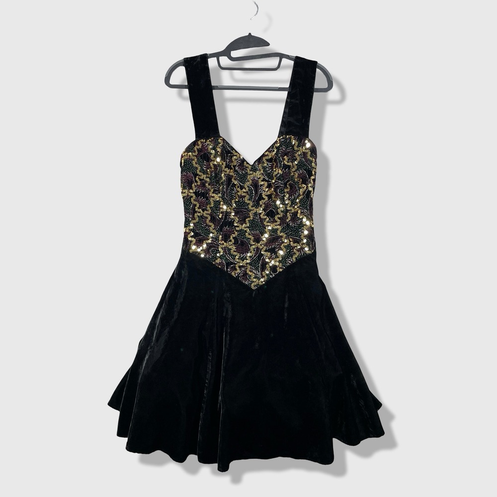 Jessica McClintock Gunne‎ Sax Velvet Sequin Dress Womens S Black Vintage Party